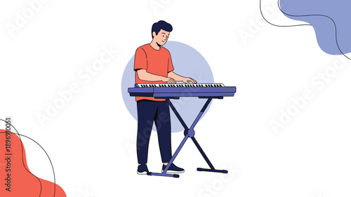 Young man in an orange shirt playing an electronic musical keyboard on a stand during a creative music session.