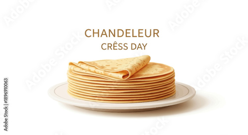 A stack of golden crêpes on a white plate with a folded crêpe on top, celebrating Chandeleur, a traditional French day for eating crêpes with butter, fruit, and chocolate, in a minimalist
