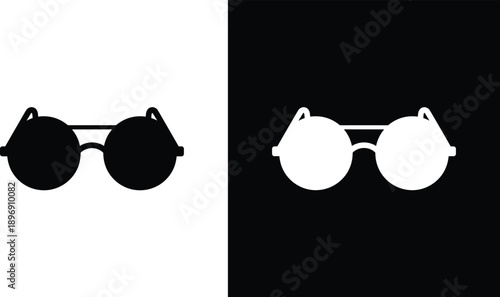 Round sunglasses icon set, classic circular eyewear silhouette, vintage fashion accessory sign, summer sun protection symbol, black vector illustration on white background
