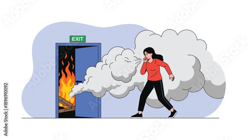 Woman covering her mouth and escaping from a burning room filled with thick gray smoke through a blue exit door.