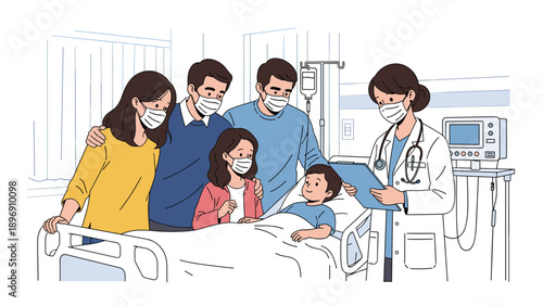 Concerned family members wearing face masks visiting a young boy in a hospital bed while a female doctor reviews his chart.