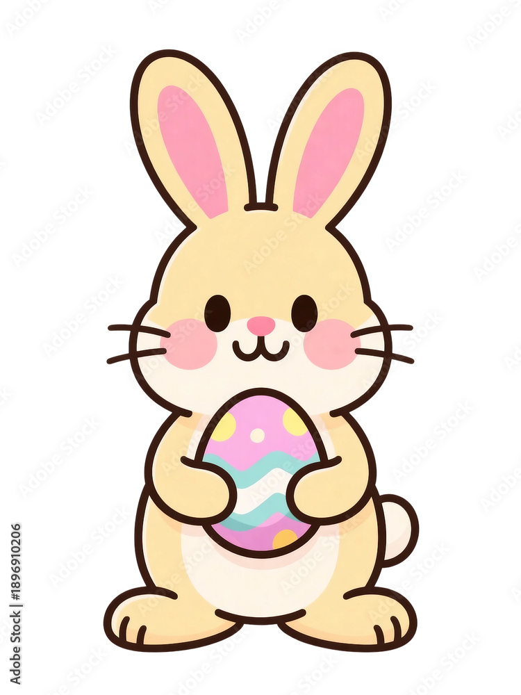 Fototapeta premium Cute cartoon Easter bunny holding a decorated egg. Adorable character isolated on transparent background, perfect for Easter cards, kids designs, spring decorations and holiday illustrations.