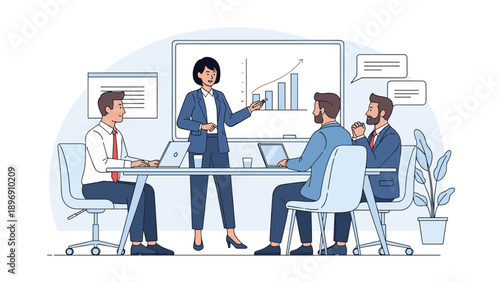 Professional businesswoman pointing at a bar chart on a whiteboard while leading a meeting with her male colleagues.