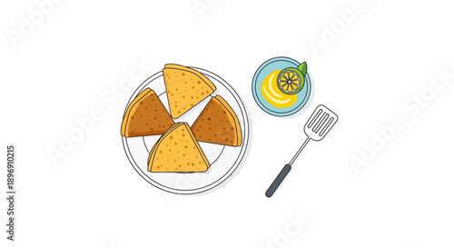 A set of traditional French crepe icons with a plate of crêpes, butter, and fruit on a clean white background for Chandeleur or Crêpes Day celebrations.
