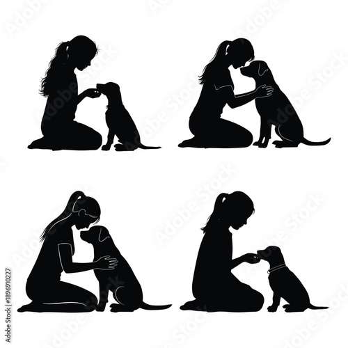 Emotional pet care silhouette set: heartwarming human-animal bond vector illustrations