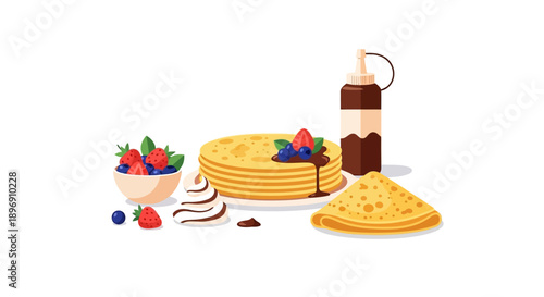 Illustration of a stack of pancakes with fruit, syrup, and butter on a white background, celebrating Chandeleur, a traditional French day for eating crêpes.
