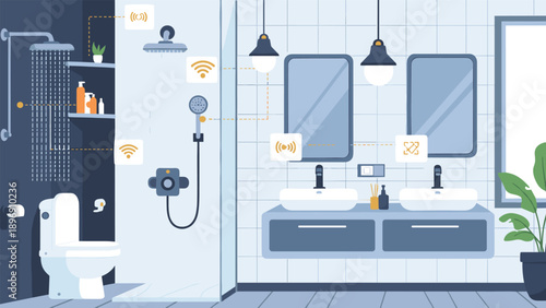 Modern smart bathroom featuring a high-tech shower, digital mirrors, and integrated wireless sensors for automation.