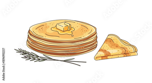 Illustration of a stack of crêpes with butter and a slice next to wheat on a white background, celebrating Chandeleur, a traditional French day for eating crêpes.
