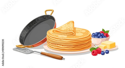Illustration of a stack of crêpes with butter, fruit, and a pan on a white plate for Chandeleur, a traditional French day for eating crêpes.