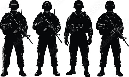 Soldier silhouettes, armed forces vector illustration, military men with rifles, tactical gear figures, combat boots, defense security concept, army personnel standing formation design