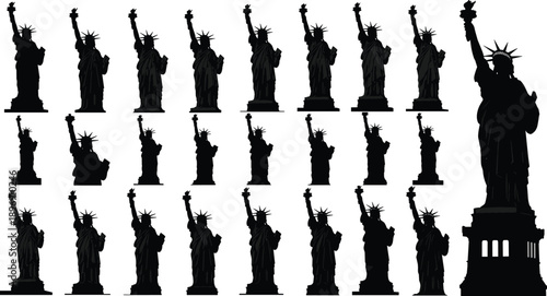 Statue of Liberty silhouettes set, iconic American landmark in multiple poses and angles, freedom and democracy symbol, black vector illustration isolated on white