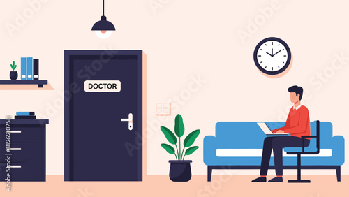 Young man sitting on a blue sofa and using his laptop while waiting for his appointment in a doctor's office waiting room.