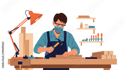 Skilled carpenter wearing a mask and goggles using a hammer to assemble a wooden project at his workshop bench.