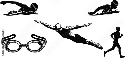 Swimming athlete silhouette set, triathlon sport icons, butterfly stroke, professional swimmer, pool goggles, running man, aquatic exercise, vector illustration isolated on white background