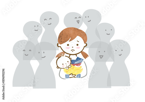 孤独を感じている赤ちゃんを抱っこしたセーラー服姿の女の子のイラスト