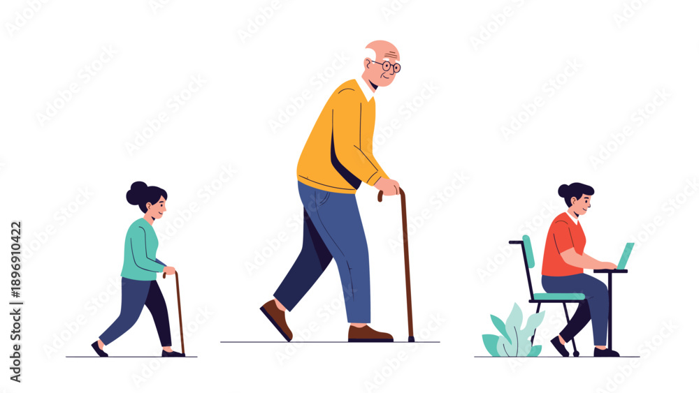 Fototapeta premium Illustration showing the different stages of human life with a young girl walking, an elderly man with a cane, and a woman at work.