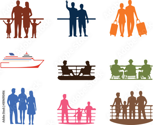 Colorful silhouettes of people in various social interactions and travel scenarios on white background

