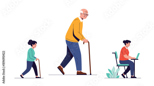 Illustration showing the different stages of human life with a young girl walking, an elderly man with a cane, and a woman at work.