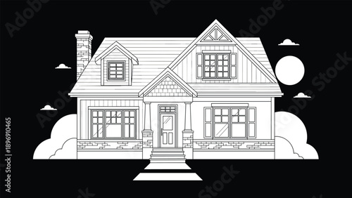 Detailed black and white line art illustration of a charming two-story suburban house with a chimney and large windows.