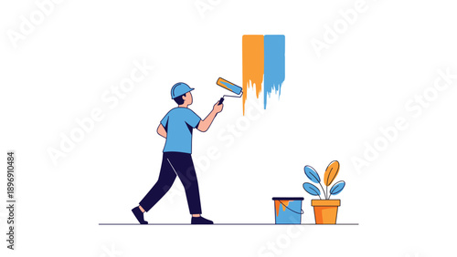 Professional painter in a blue uniform and hard hat using a roller to apply orange and blue paint to a white wall.