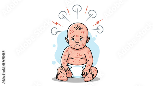 Cute cartoon baby suffering from a viral skin rash or chickenpox symptoms while sitting on a clean white background.