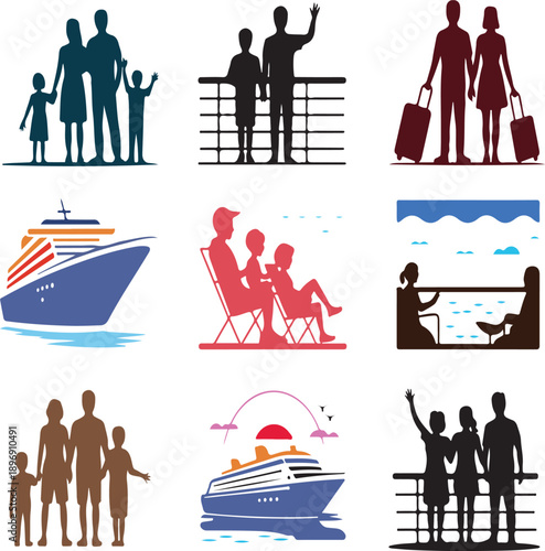 Family vacation travel icons with silhouettes of people on cruise ships and at the beach resort  leisure activities and tourism concepts
