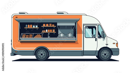 Modern food truck side view illustration featuring a fully equipped mobile kitchen and orange exterior on white.