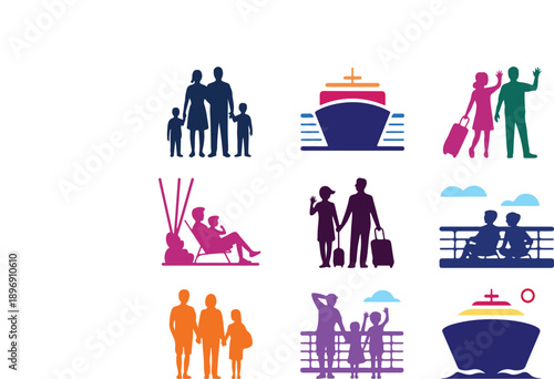 Colorful flat design icons of people on vacation and cruise ship silhouettes  family and couple traveling
