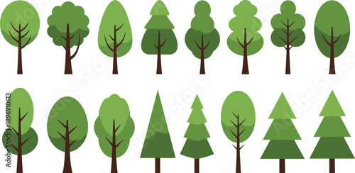 Collection of various green trees with different leaf shapes and shapes on white background