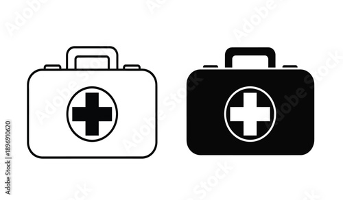 Vector illustration of two first aid kit icons in black and white with cross symbol on isolated for medical and healthcare concepts