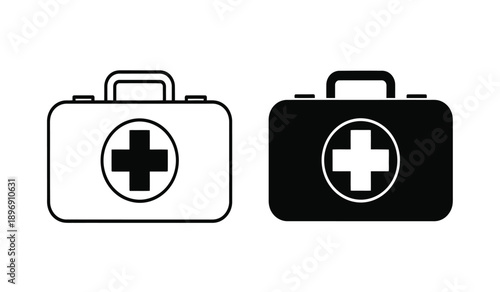 Black and white medical first aid kit icons with cross symbol