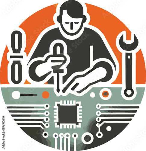 Technician repairing a computer motherboard with tools
