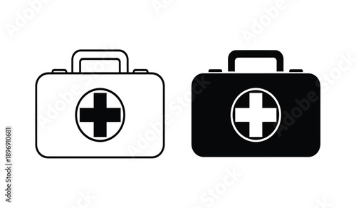 Black and white medical kit icons with cross symbol on isolated for healthcare and emergency concepts