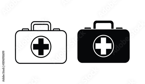 Medical first aid kit icons in black and white with cross symbol on each case