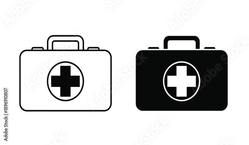 Medical first aid kit icons in black and white with cross symbol on the front