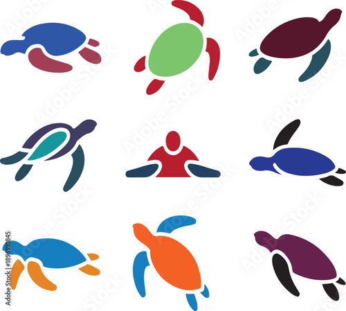Colorful turtle icons in different poses and colors on white background  sea turtles  reptiles
