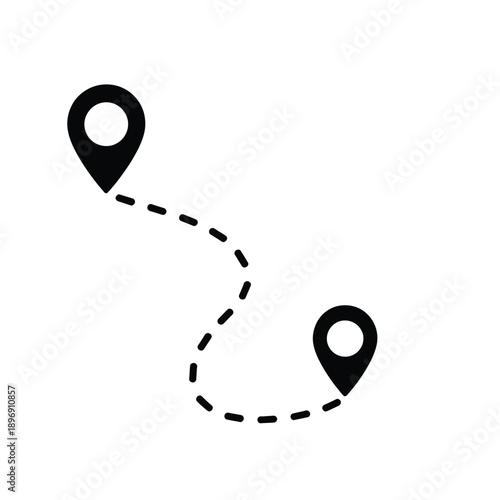Two black location pin icons connected by a dashed line representing a route or journey.