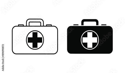 Black and white medical first aid kit icons with cross symbol on isolated for healthcare and medical concepts