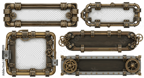 Metal and Wood Steampunk Frames with Gears and Bolts