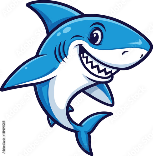 Cartoon illustration of a smiling blue shark with visible teeth