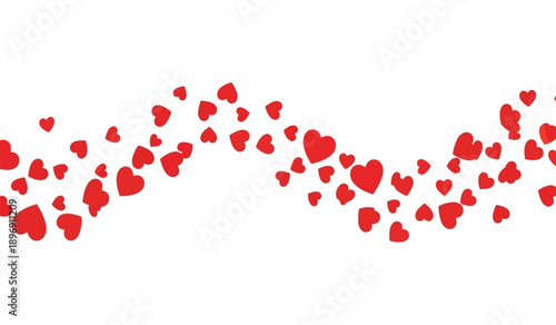 Red hearts flying in a wavy line for love and valentines day concepts