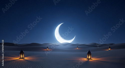 Majestic glowing crescent moon illuminates a dark desert landscape dotted with traditional glowing lanterns under a vast starry night sky creating an ethereal scene.