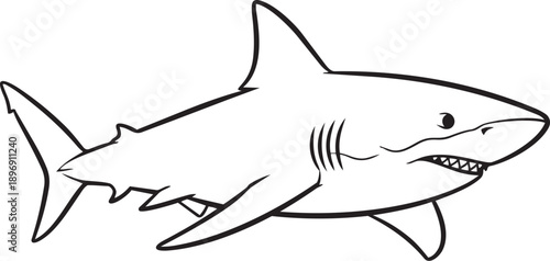 Simple black and white line drawing of a shark swimming left