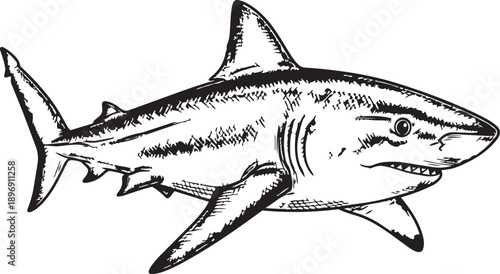 A detailed black and white sketch of a shark swimming gracefully