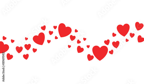 Red heart shapes in a wavy line for love and valentines day concepts