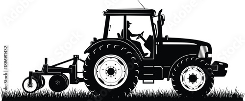 Tractor silhouette, black and white, farming scene, agricultural machinery, plow attachment, rural work, vector illustration, driver, field equipment, mechanized farming, crop preparation, land 