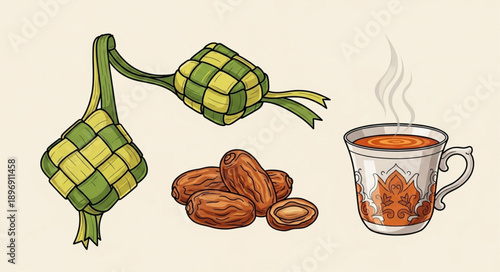 Ketupat Dates and Hot Tea for Ramadan Celebration.