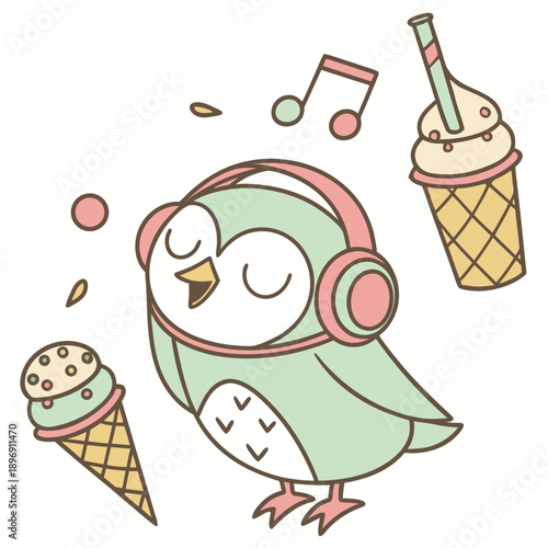 Cute Happy Owl, accessorized with wearing headphones, in a Ice cream party world – Scoops & Swirls palette vector