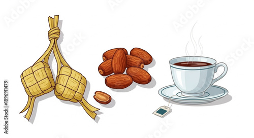 Ketupat dates and hot tea for Ramadan celebration.