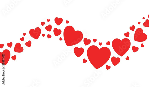 Red heart shapes in a wavy line for love and valentines day concepts